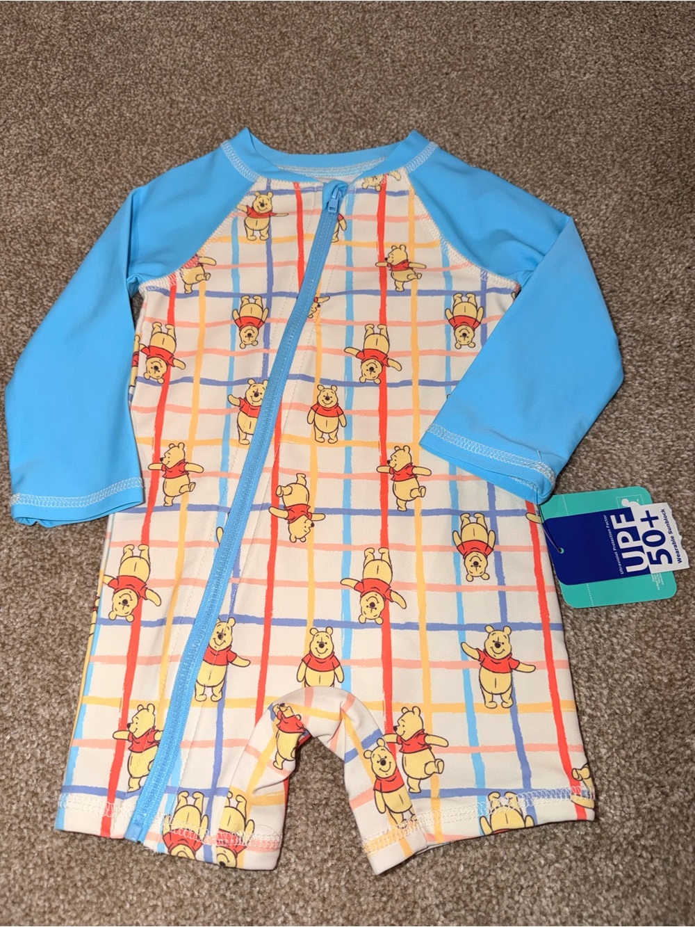 Disney Light Blue and Yellow Winnie the Pooh UPF 50+ Kids One-Piece Footie